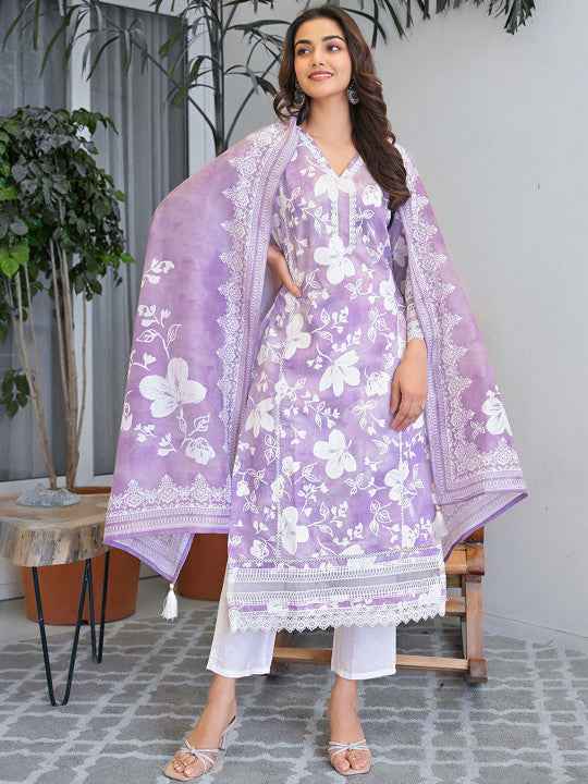Purple Floral Printed Motifs Kurta Set for Women - TLS Main Image