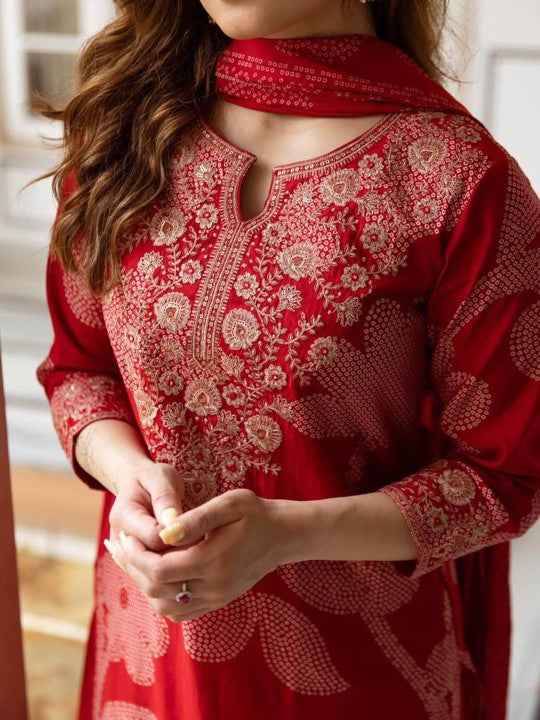 Red Floral Thread Work Kurta Set for Women - TLS Main Image