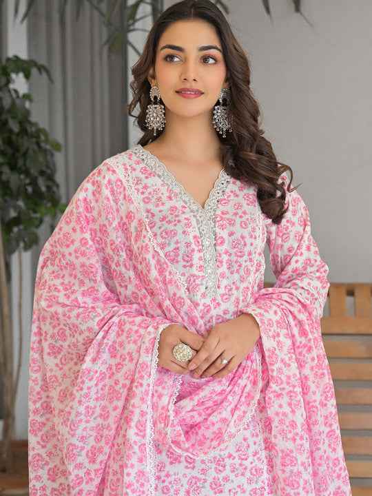 Light Pink Floral Printed Motifs Kurta Set for Women - TLS Main Image