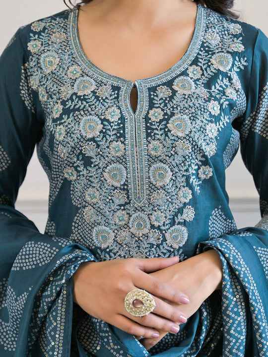 Teal  Floral Thread Work Kurta Set for Women - TLS Main Image