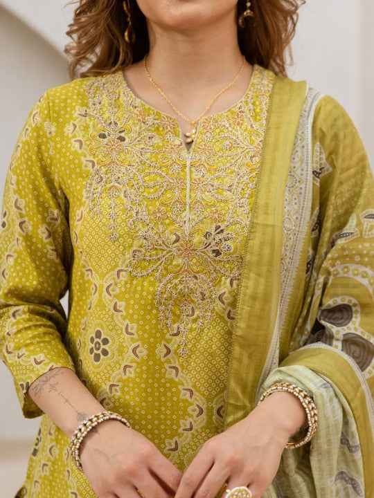 Yellow Floral Thread Work Kurta Set for Women - TLS Main Image