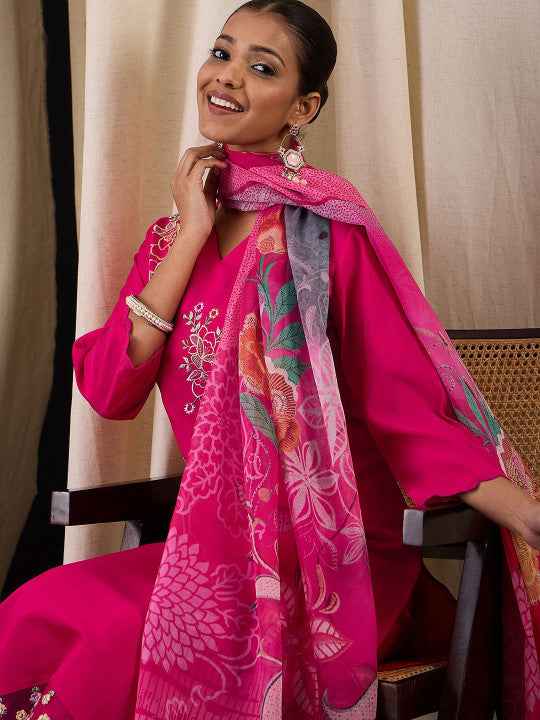 Pink Floral Embroidered  Solid Kurta Set for Women - TLS Main Image