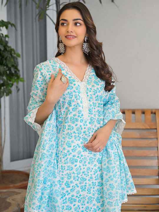 Light Blue Floral Printed Motifs Kurta Set for Women - TLS Main Image
