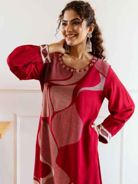 Red Swirling Geometric Printed Kurta Set for Women - TLS Main Image