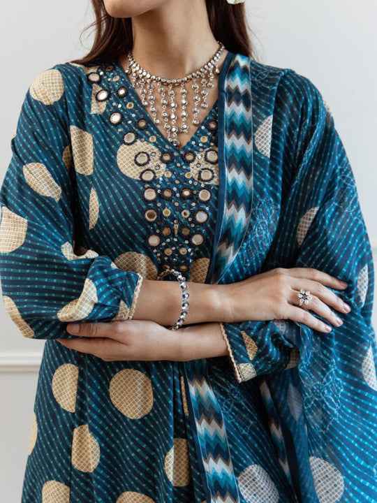 Blue Geometric Motifs Embroidery  Kurta Set for Women - TLS Main Image