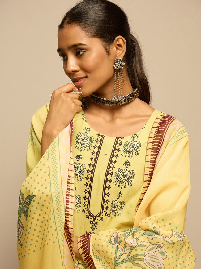 lime Yellow Floral Printed Kurta Set for Women - TLS Main Image
