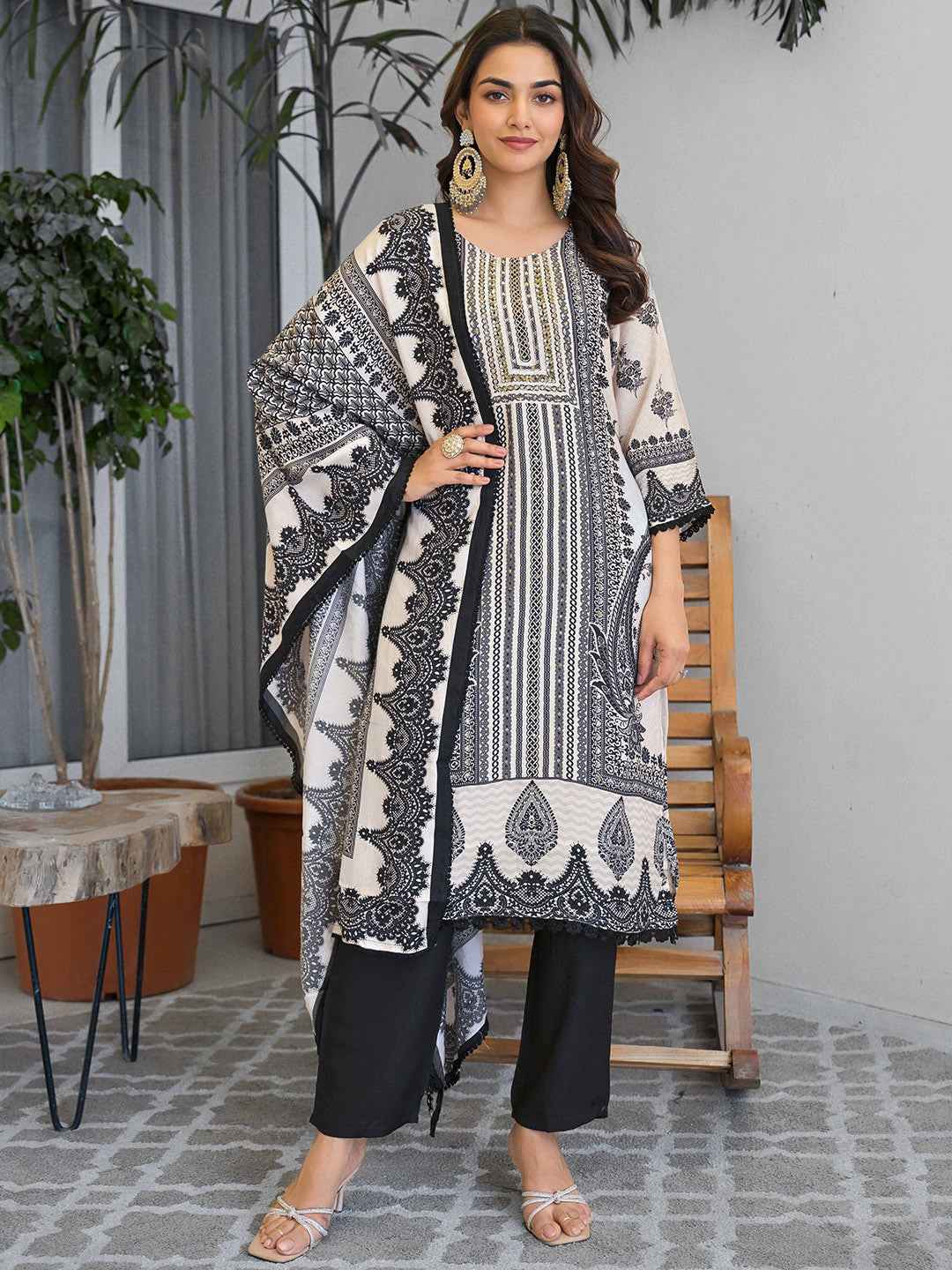 Beige Black Embroidered Suit Set with Dupatta – The Layer Stories