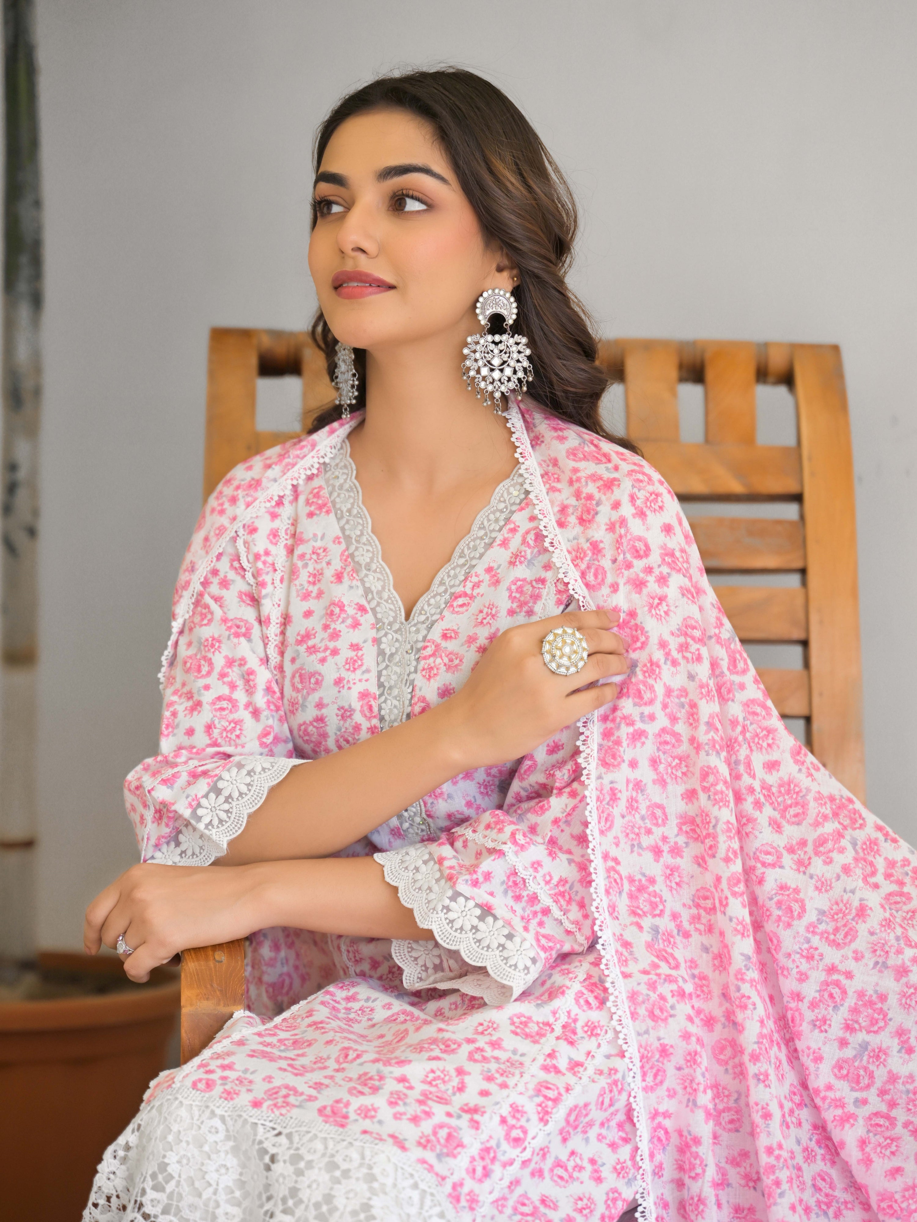 Light Pink Floral Printed Motifs Kurta Set for Women - TLS