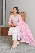 Light Pink Floral Printed Motifs Kurta Set for Women - TLS