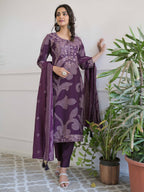 Purple Floral Thread Work Kurta Set for Women - TLS