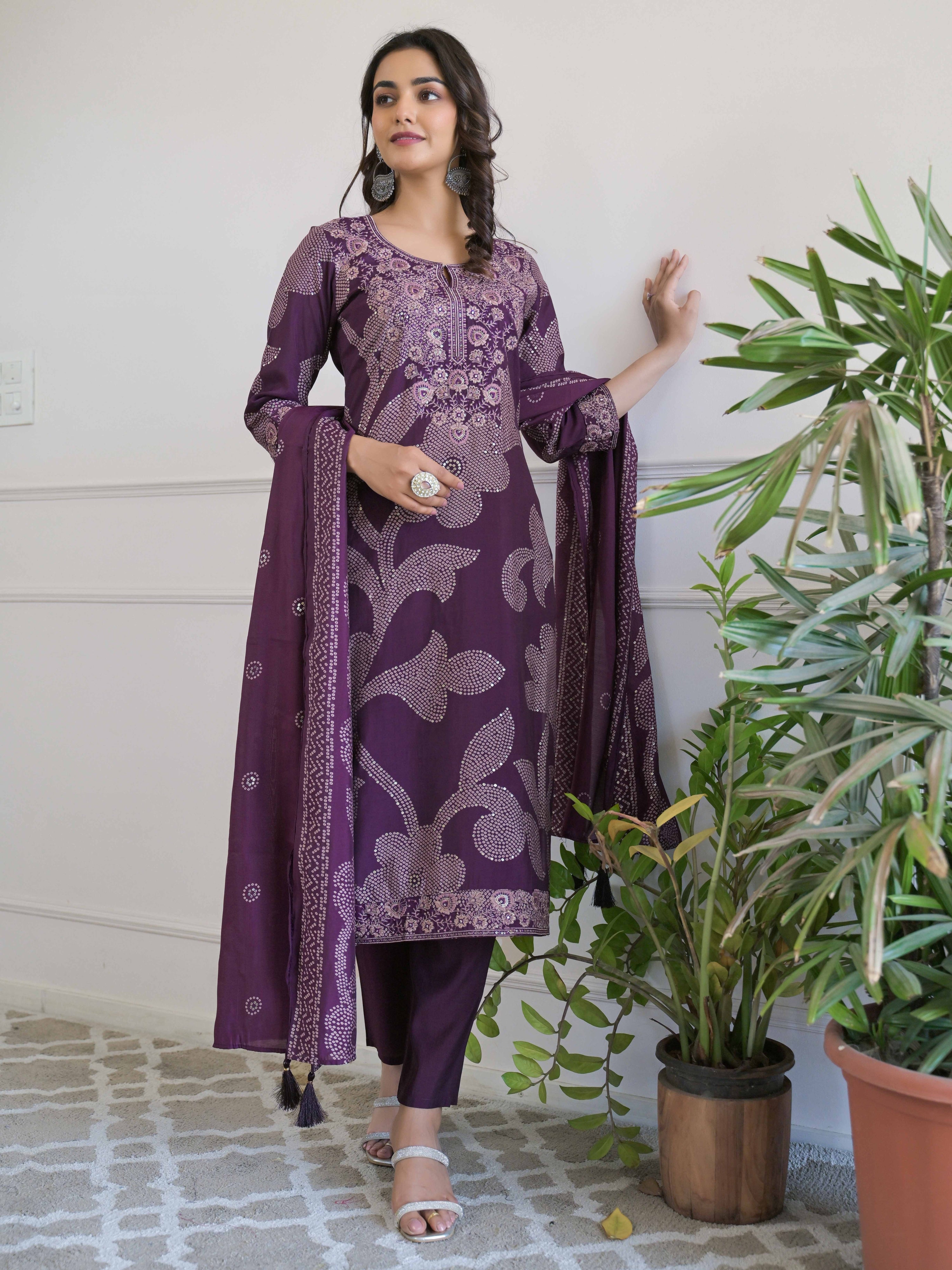 Purple Floral Thread Work Kurta Set for Women - TLS
