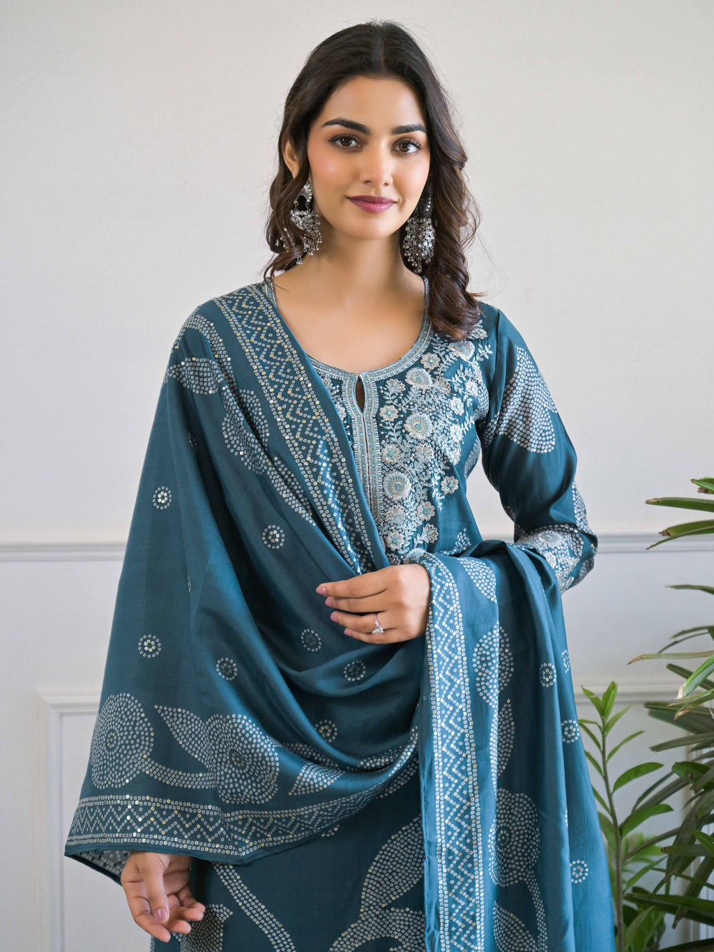 Teal  Floral Thread Work Kurta Set for Women - TLS