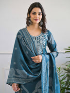 Teal  Floral Thread Work Kurta Set for Women - TLS