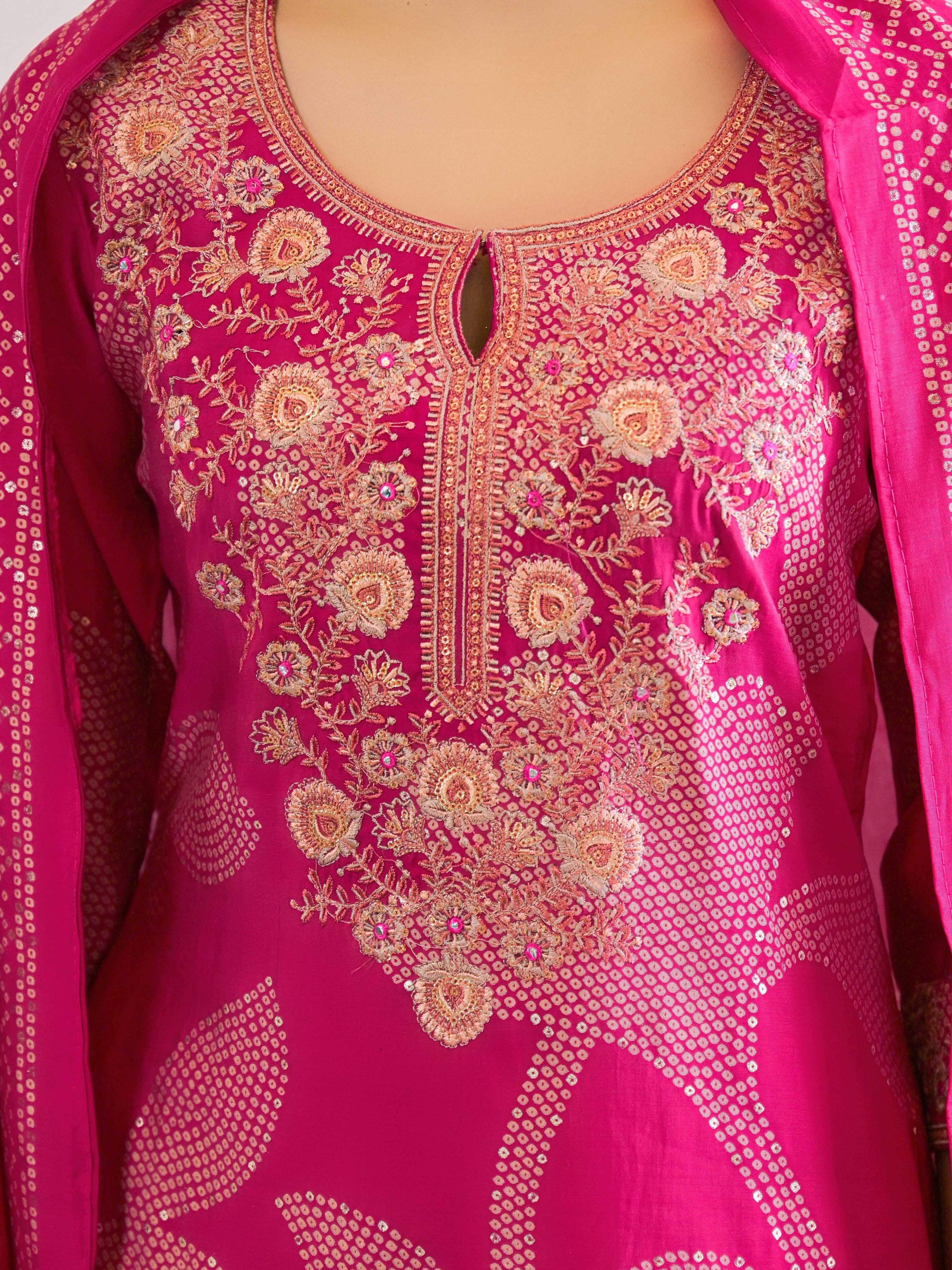 Pink Floral Thread Work Kurta Set for Women - TLS