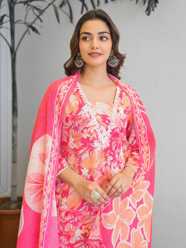 Bright Pink Floral Printed Motifs Kurta Set for Women - TLS Main Image
