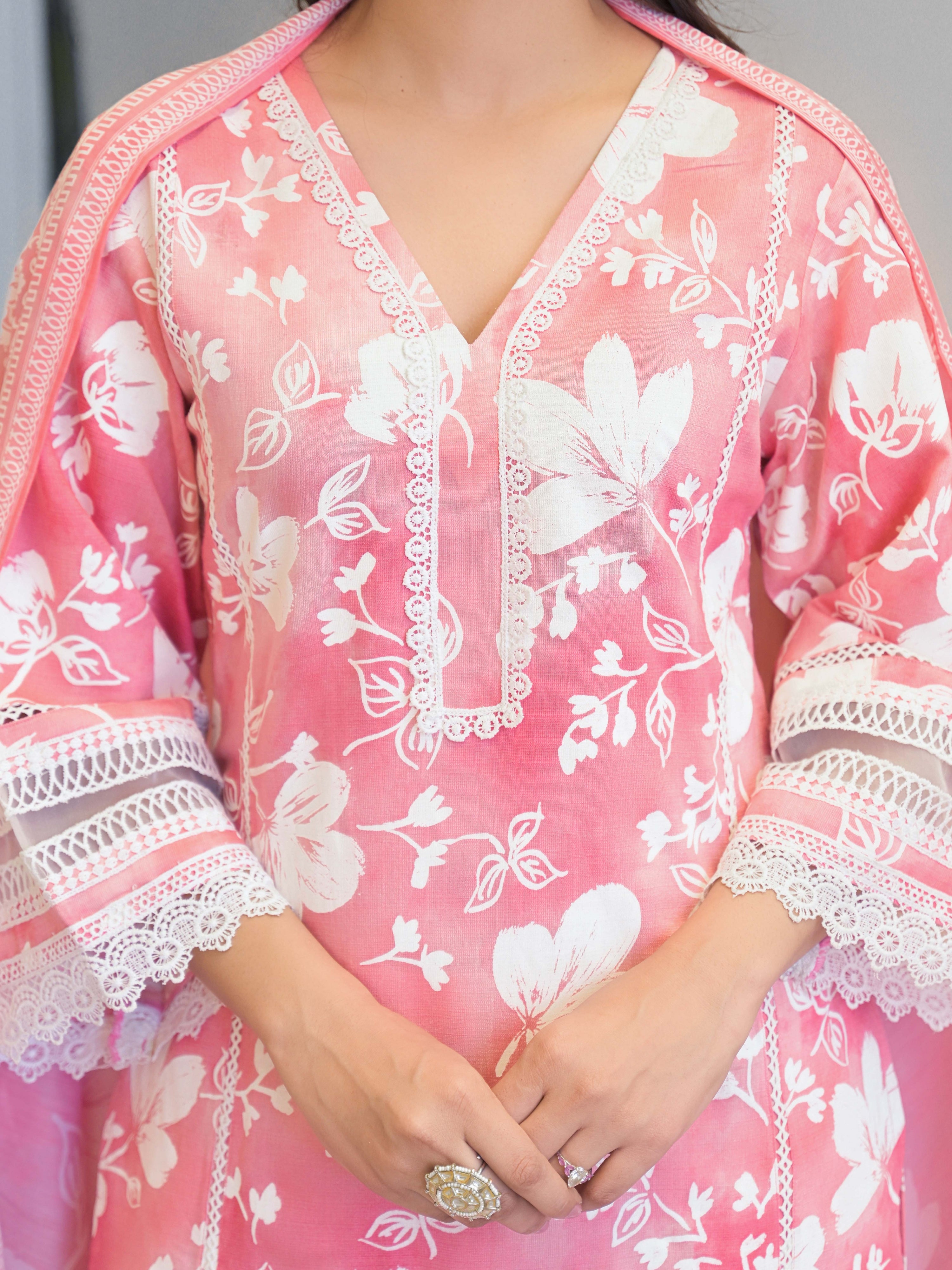Pink Floral Printed Motifs Kurta Set for Women - TLS