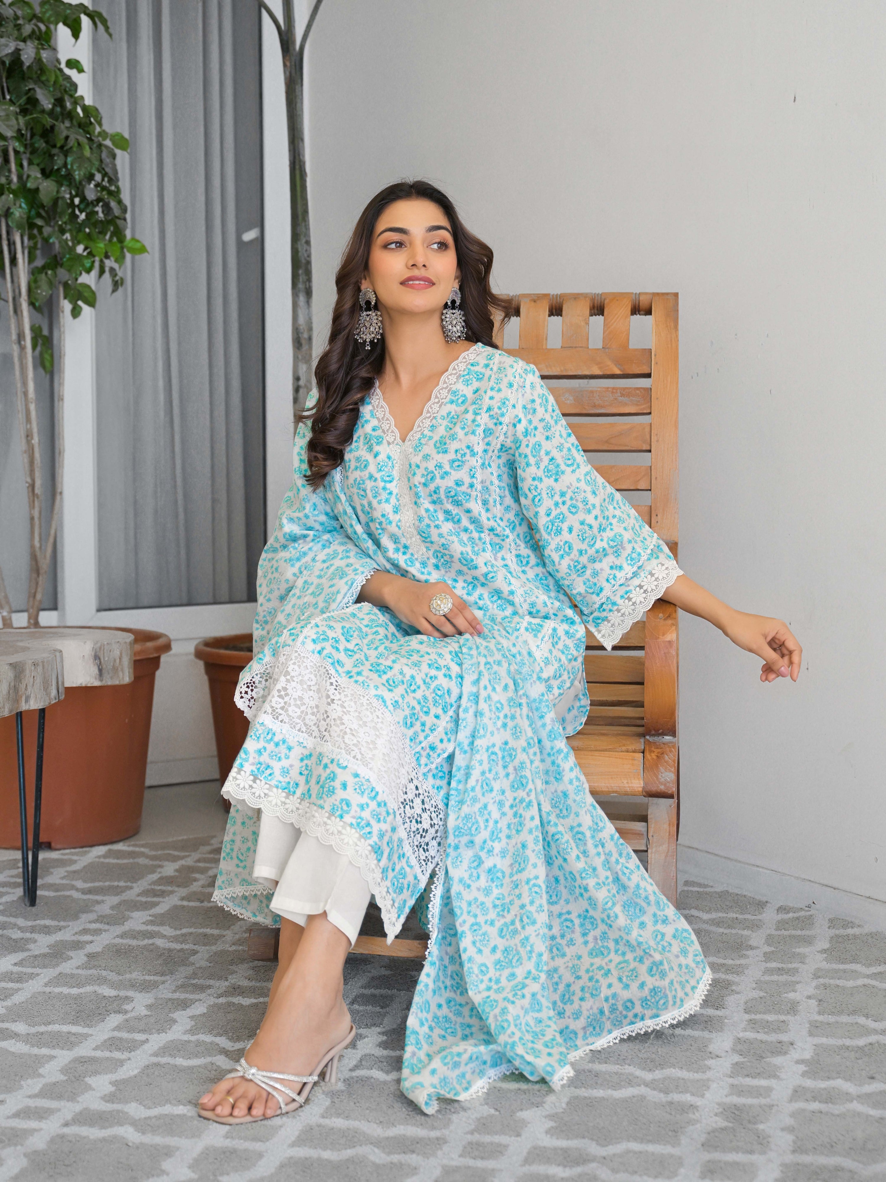 Light Blue Floral Printed Motifs Kurta Set for Women - TLS