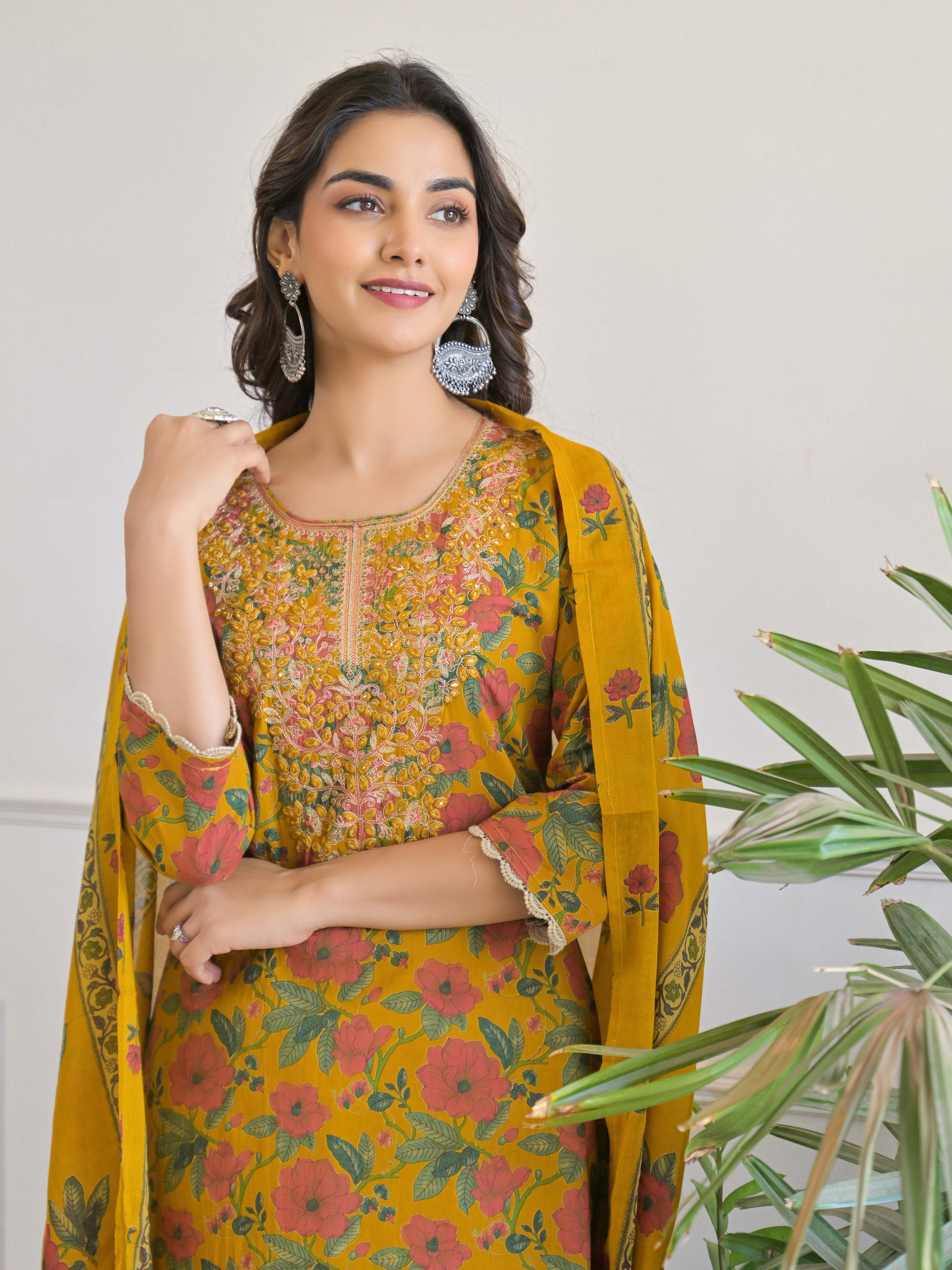 Mustard Floral Thread Work Kurta Set for Women - TLS