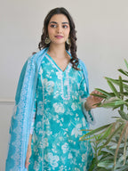 Blue Floral Printed Motifs Kurta Set for Women - TLS