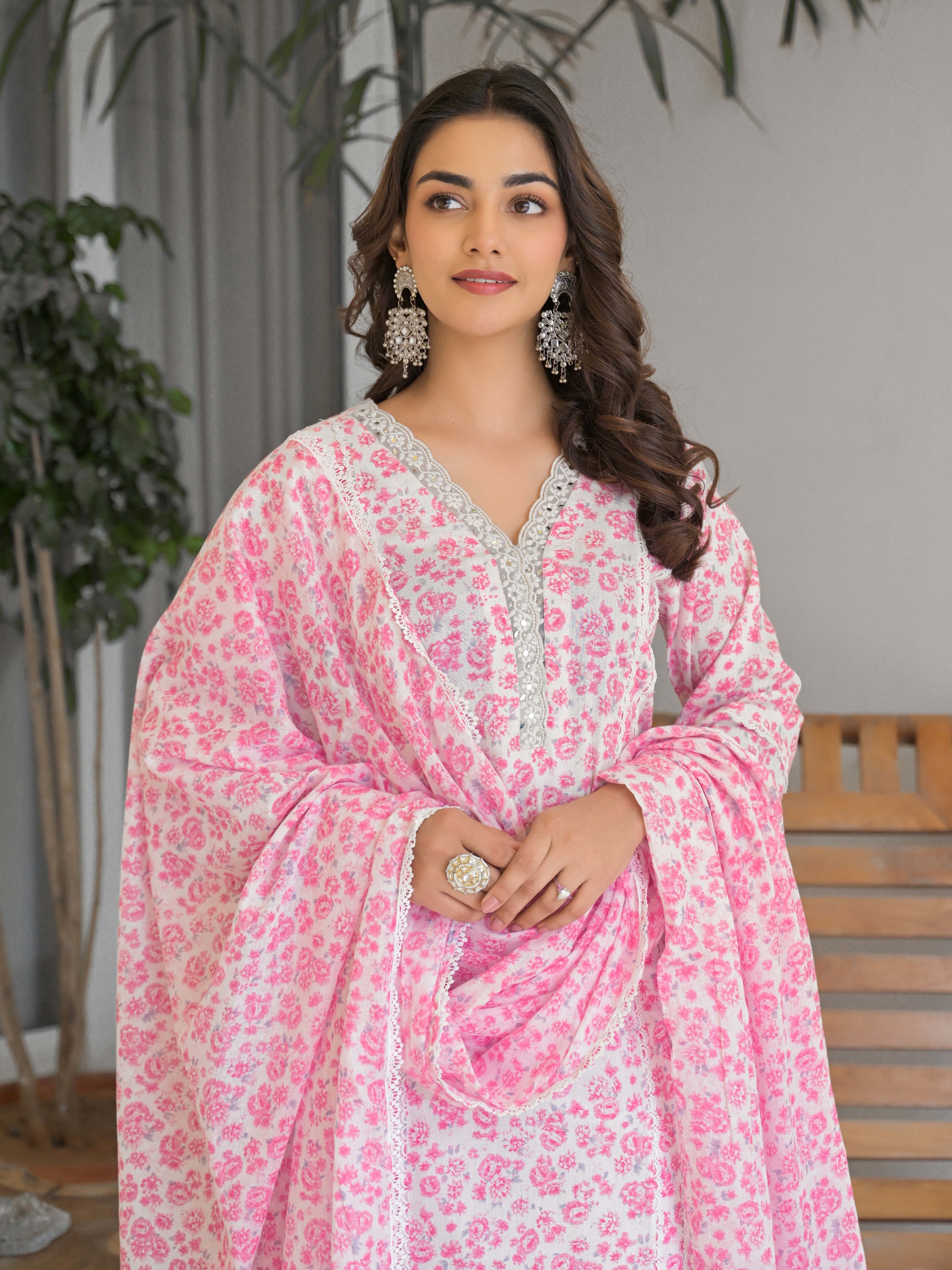 Light Pink Floral Printed Motifs Kurta Set for Women - TLS