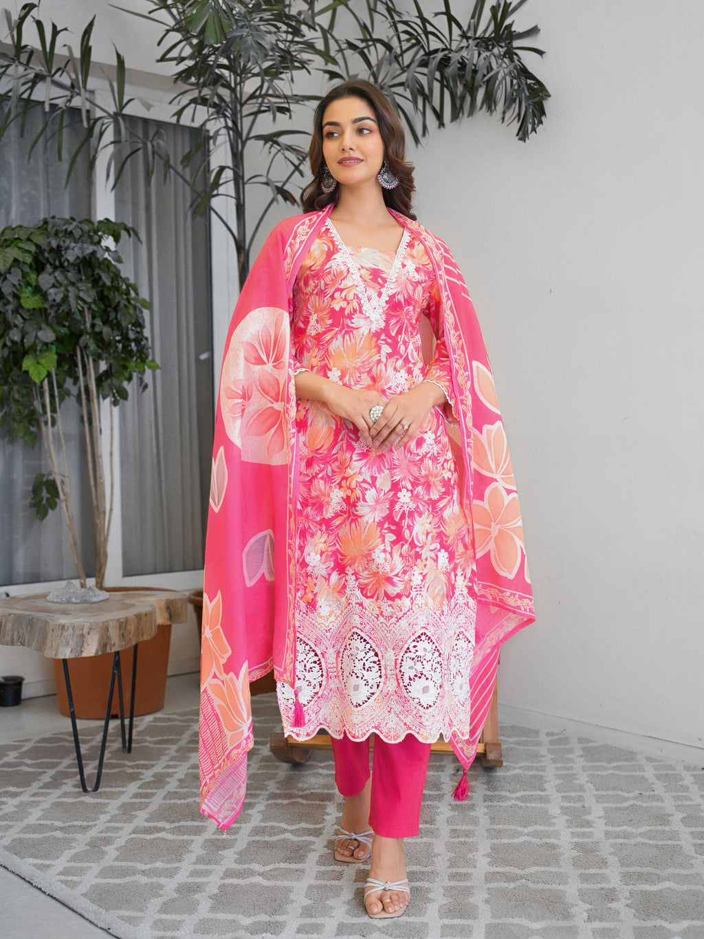 Bright Pink Floral Printed Motifs Kurta Set for Women - TLS