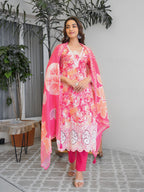 Bright Pink Floral Printed Motifs Kurta Set for Women - TLS