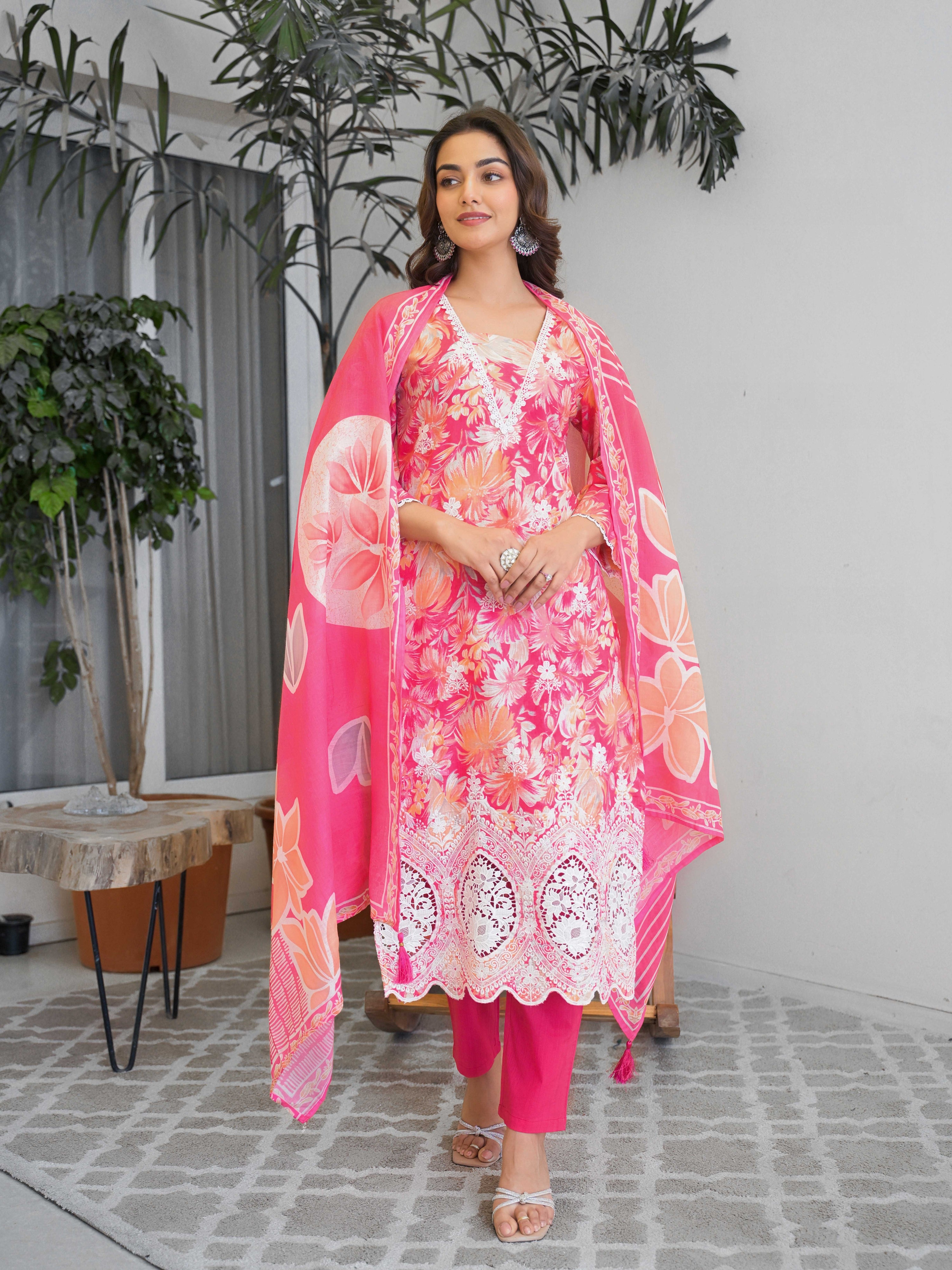 Bright Pink Floral Printed Motifs Kurta Set for Women - TLS