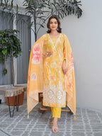 Yellow Floral Printed Motifs Kurta Set for Women - TLS