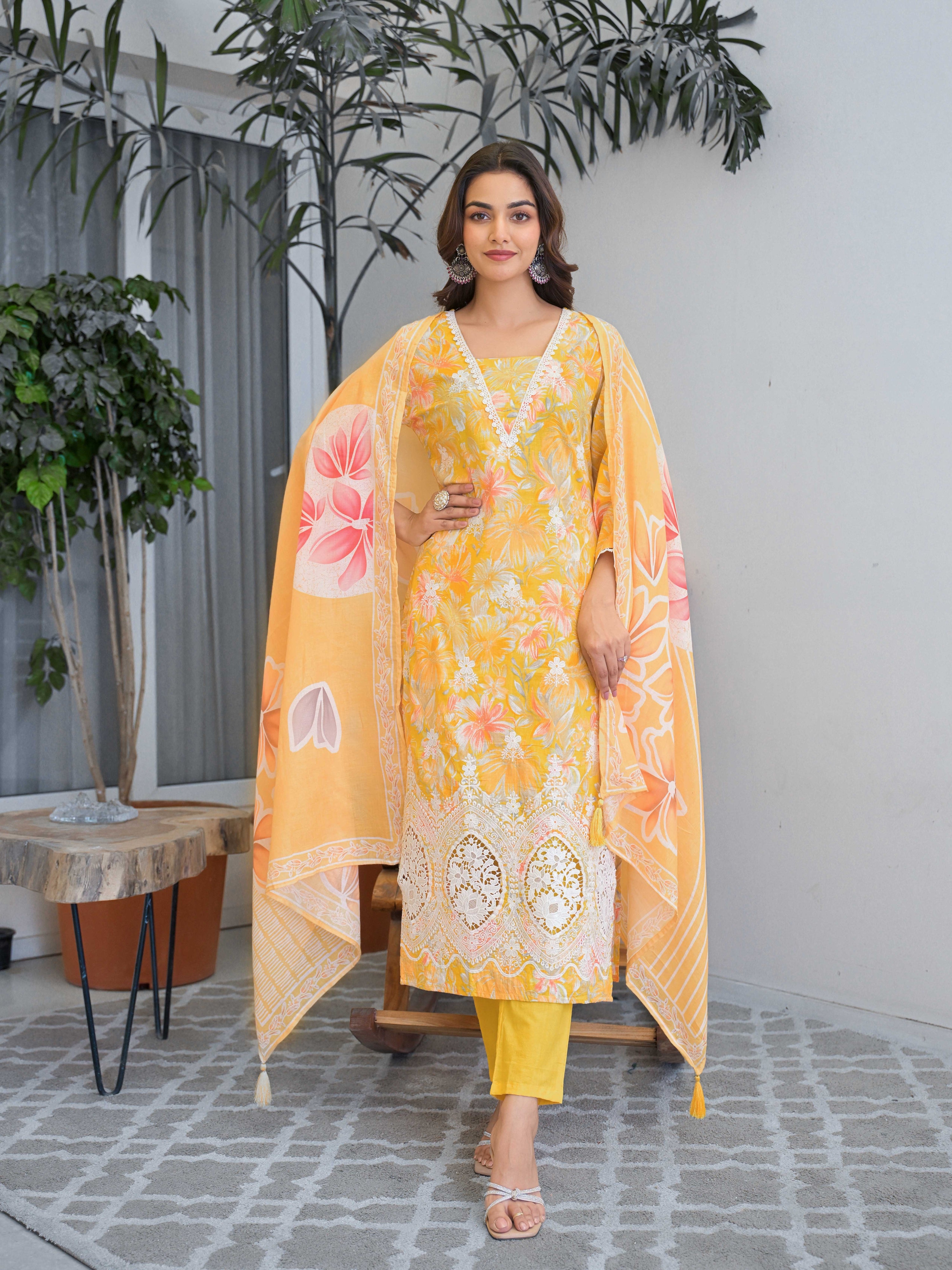 Yellow Floral Printed Motifs Kurta Set for Women - TLS