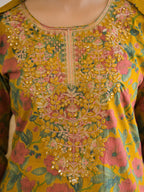 Mustard Floral Thread Work Kurta Set for Women - TLS