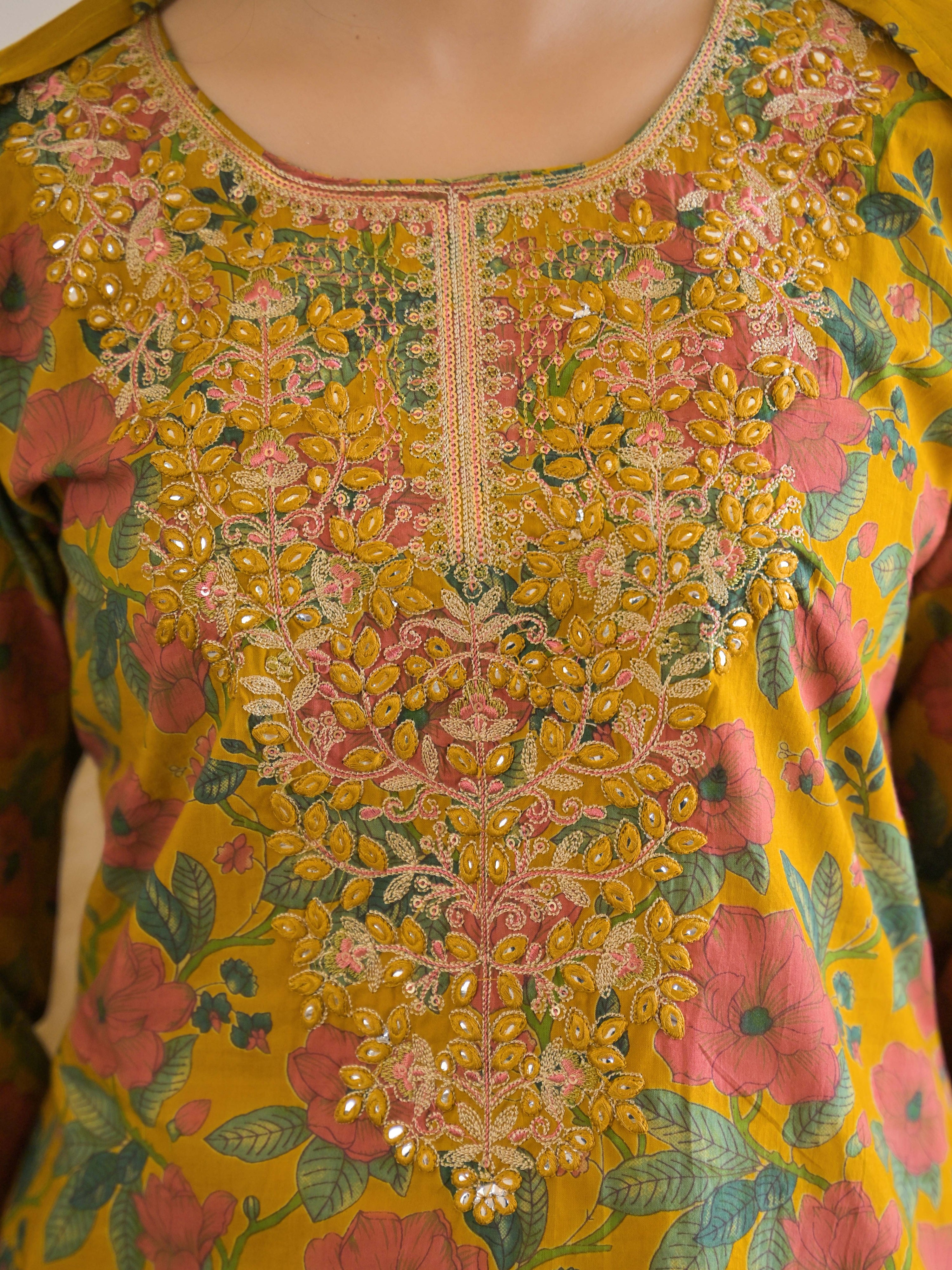 Mustard Floral Thread Work Kurta Set for Women - TLS