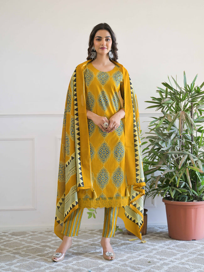 Floral Geometric Printed Kurta Set for Women - TLS Hover Image