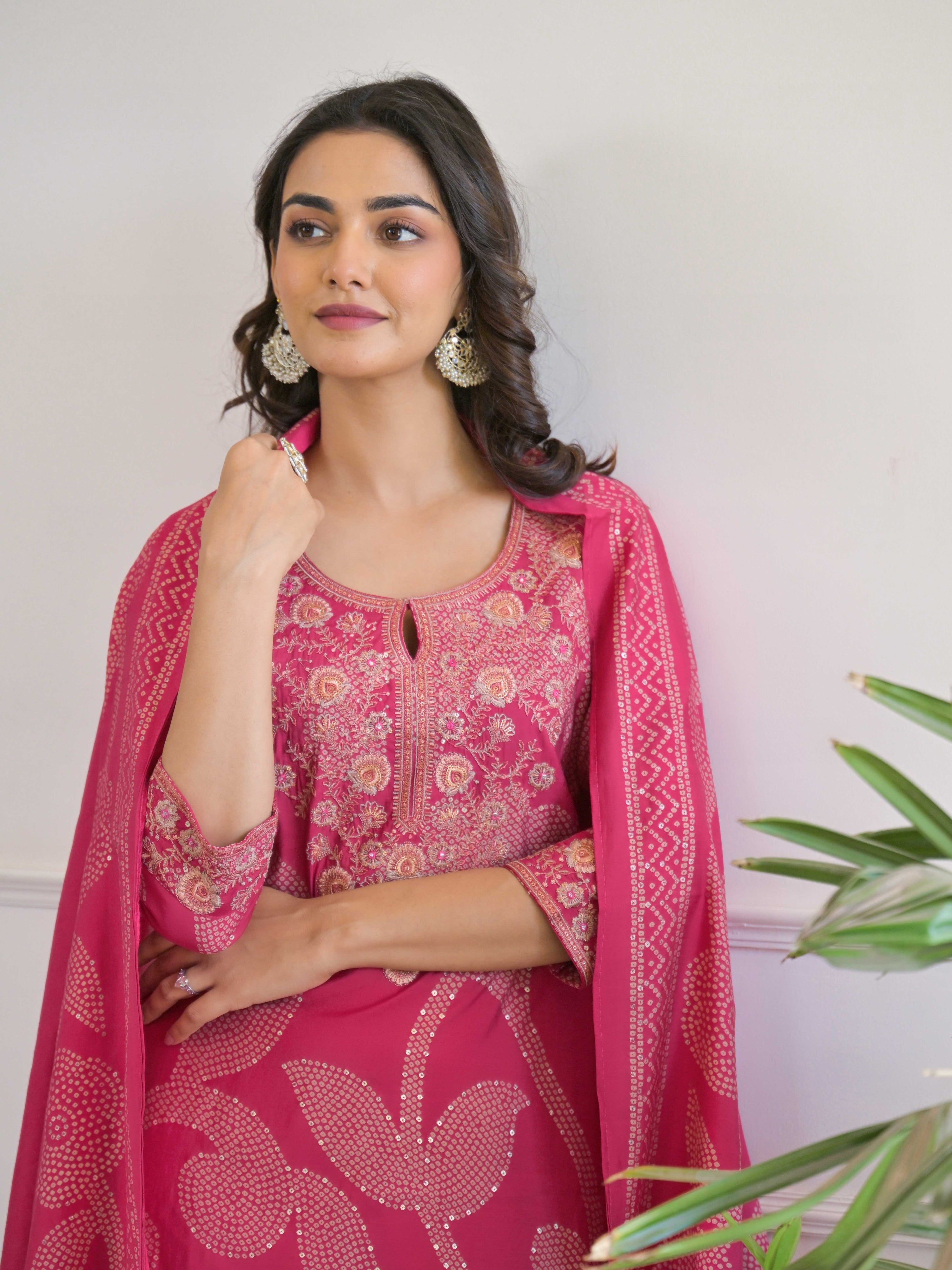 Pink Floral Thread Work Kurta Set for Women - TLS