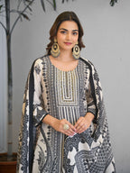 Black And White Motifs Embroidered Kurta Set for Women - TLS