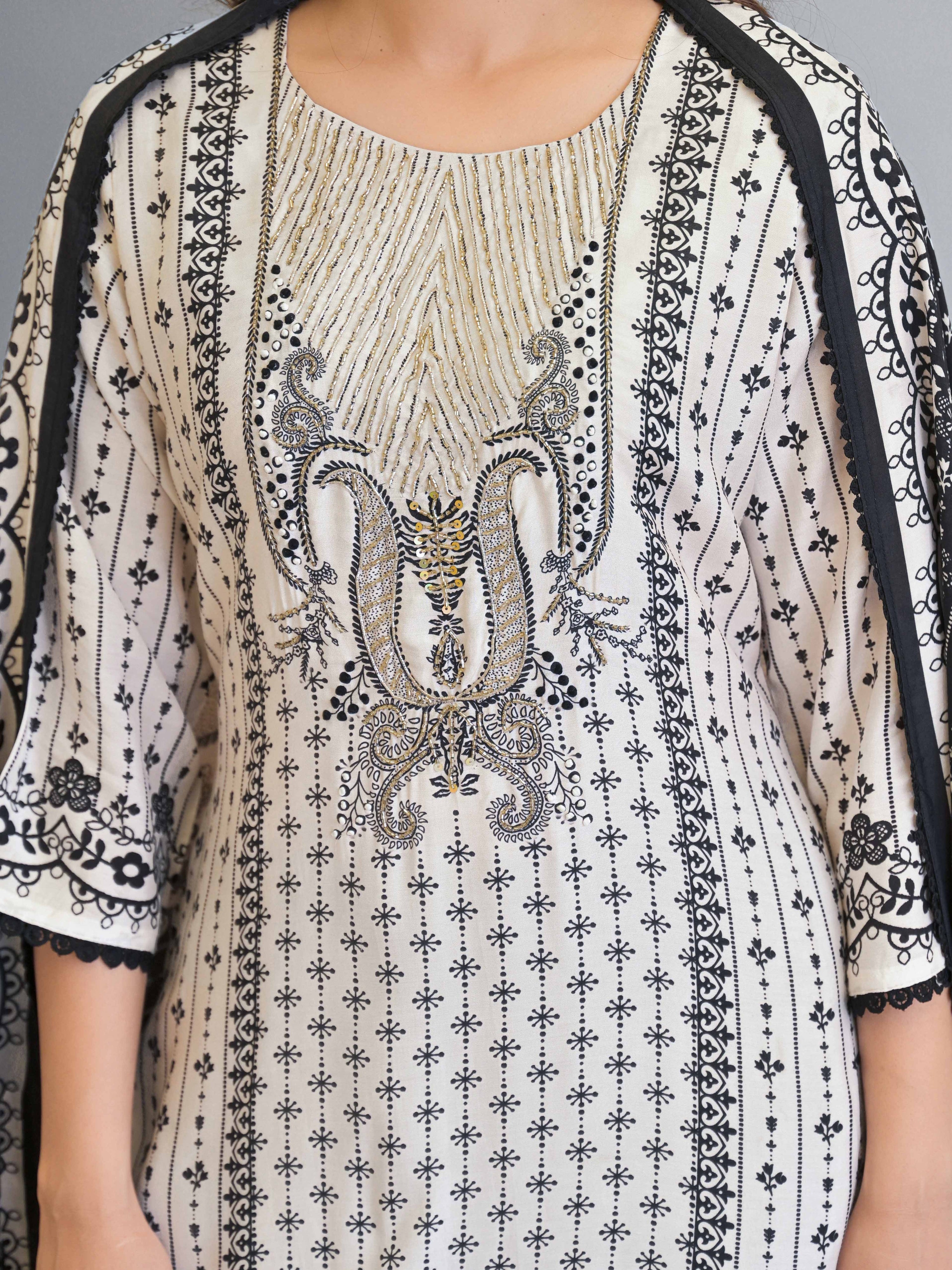 White Motifs Embroidered Kurta Set for Women - TLS