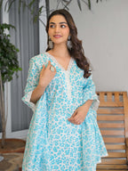 Light Blue Floral Printed Motifs Kurta Set for Women - TLS