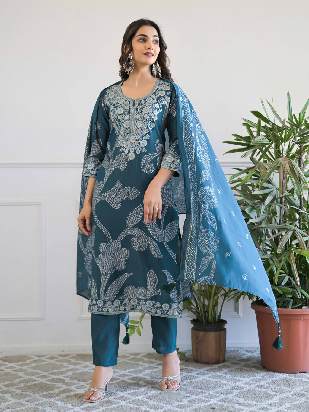 Teal  Floral Thread Work Kurta Set for Women - TLS