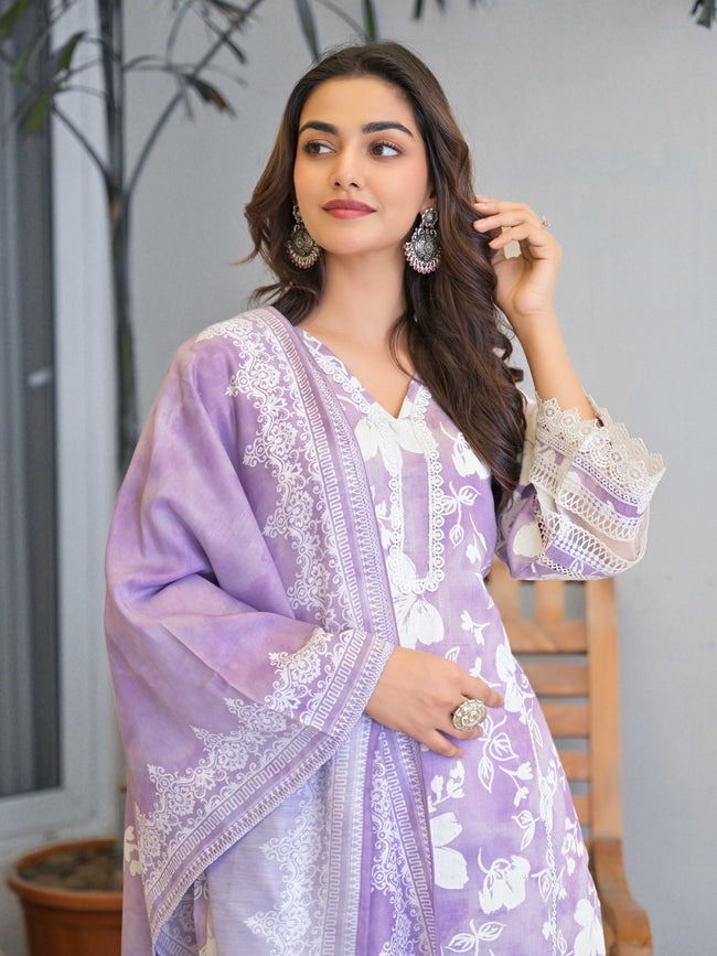 Purple Floral Printed Motifs Kurta Set for Women - TLS Main Image
