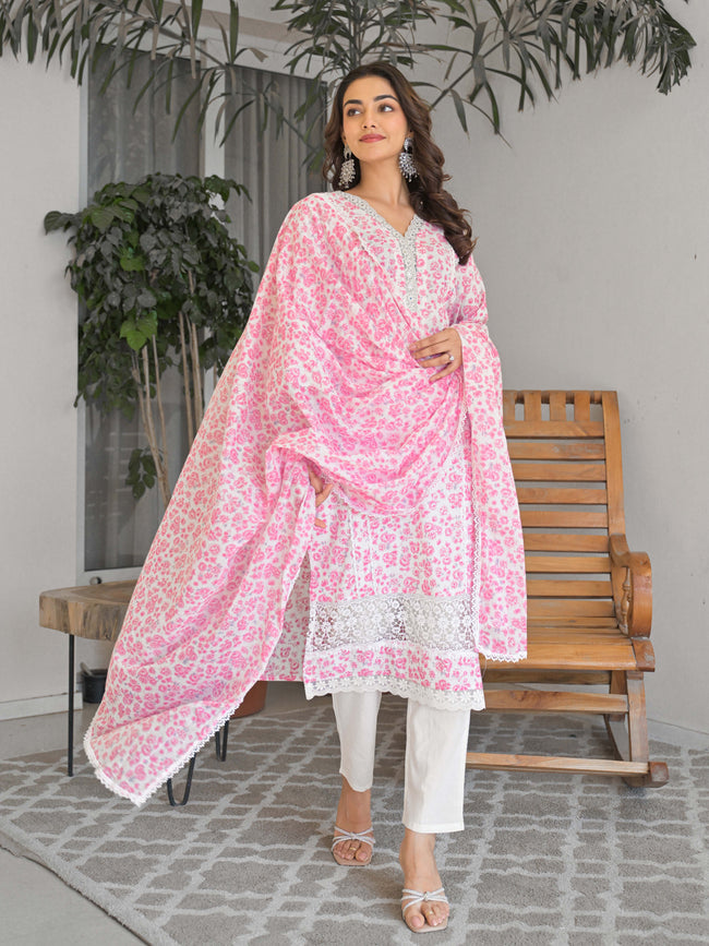 Light Pink Floral Printed Motifs Kurta Set for Women - TLS Main Image