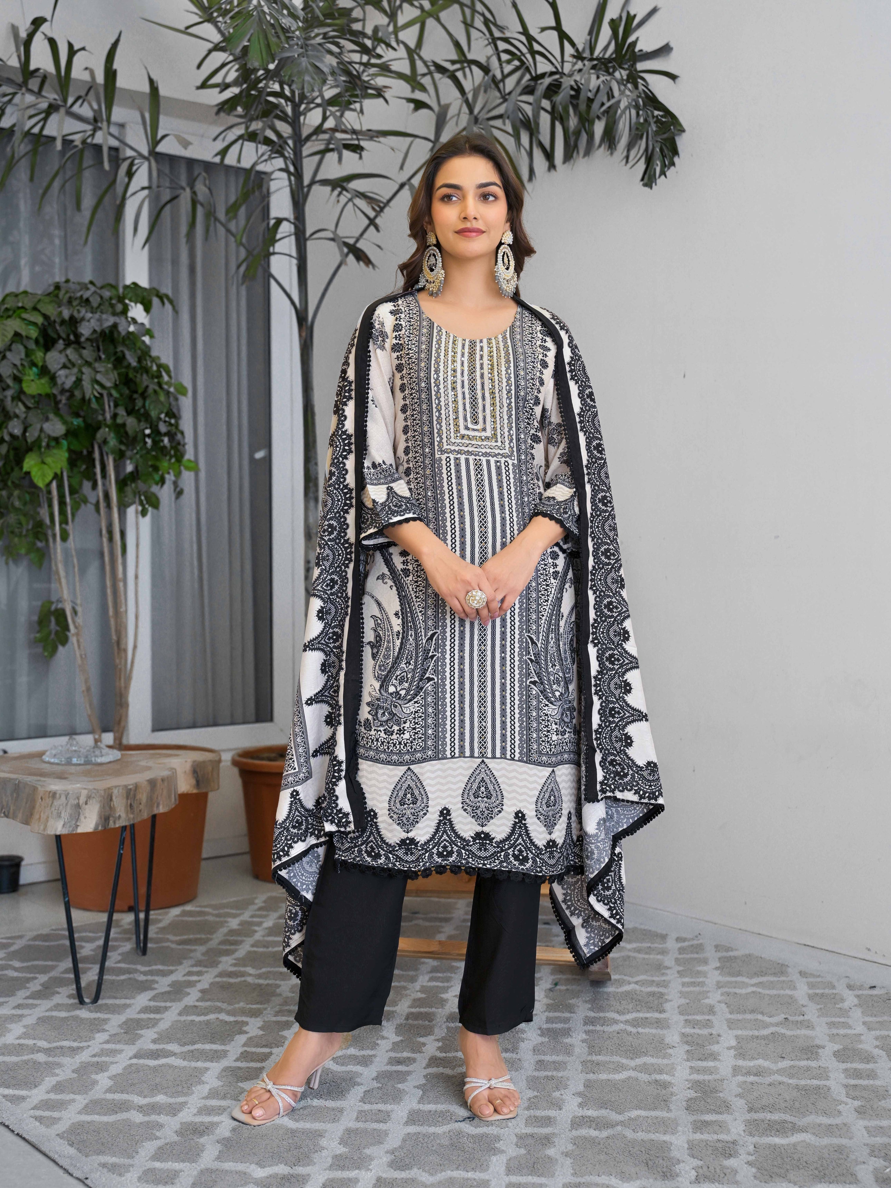 Black And White Motifs Embroidered Kurta Set for Women - TLS