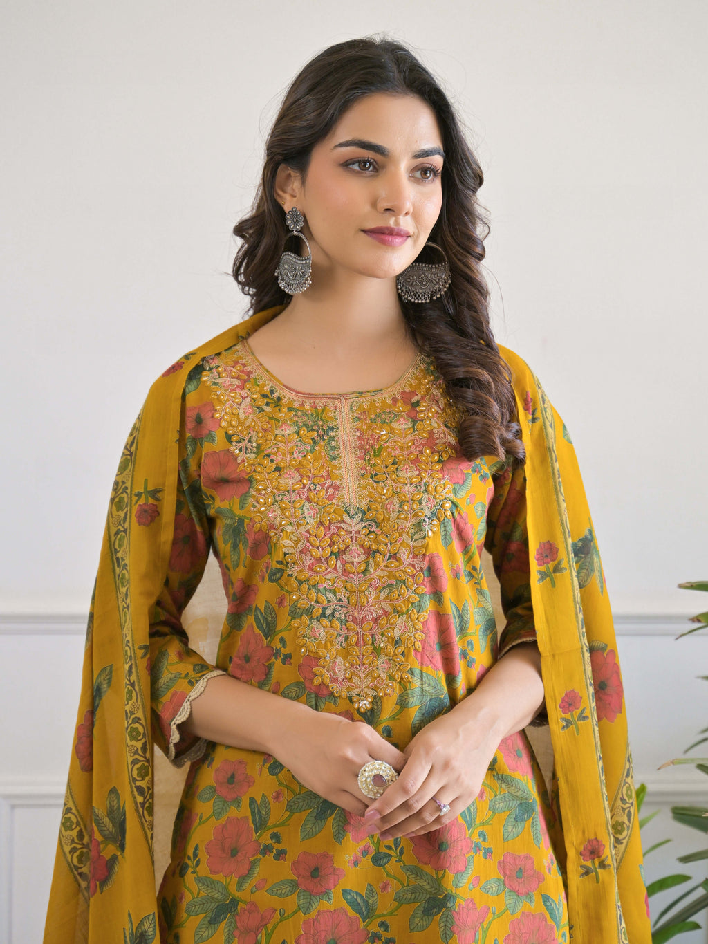 Mustard Floral Thread Work Kurta Set for Women - TLS