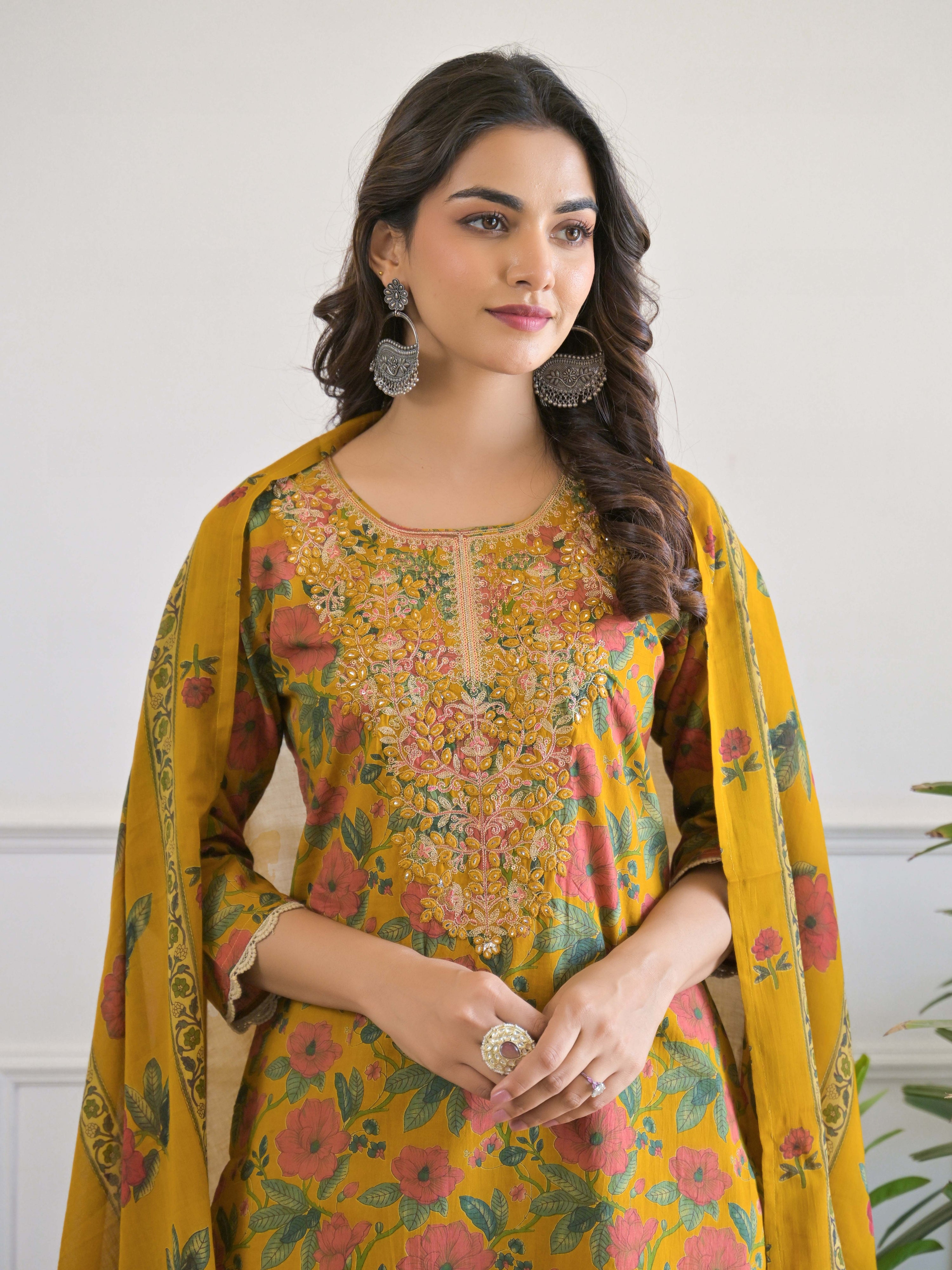 Mustard Floral Thread Work Kurta Set for Women - TLS
