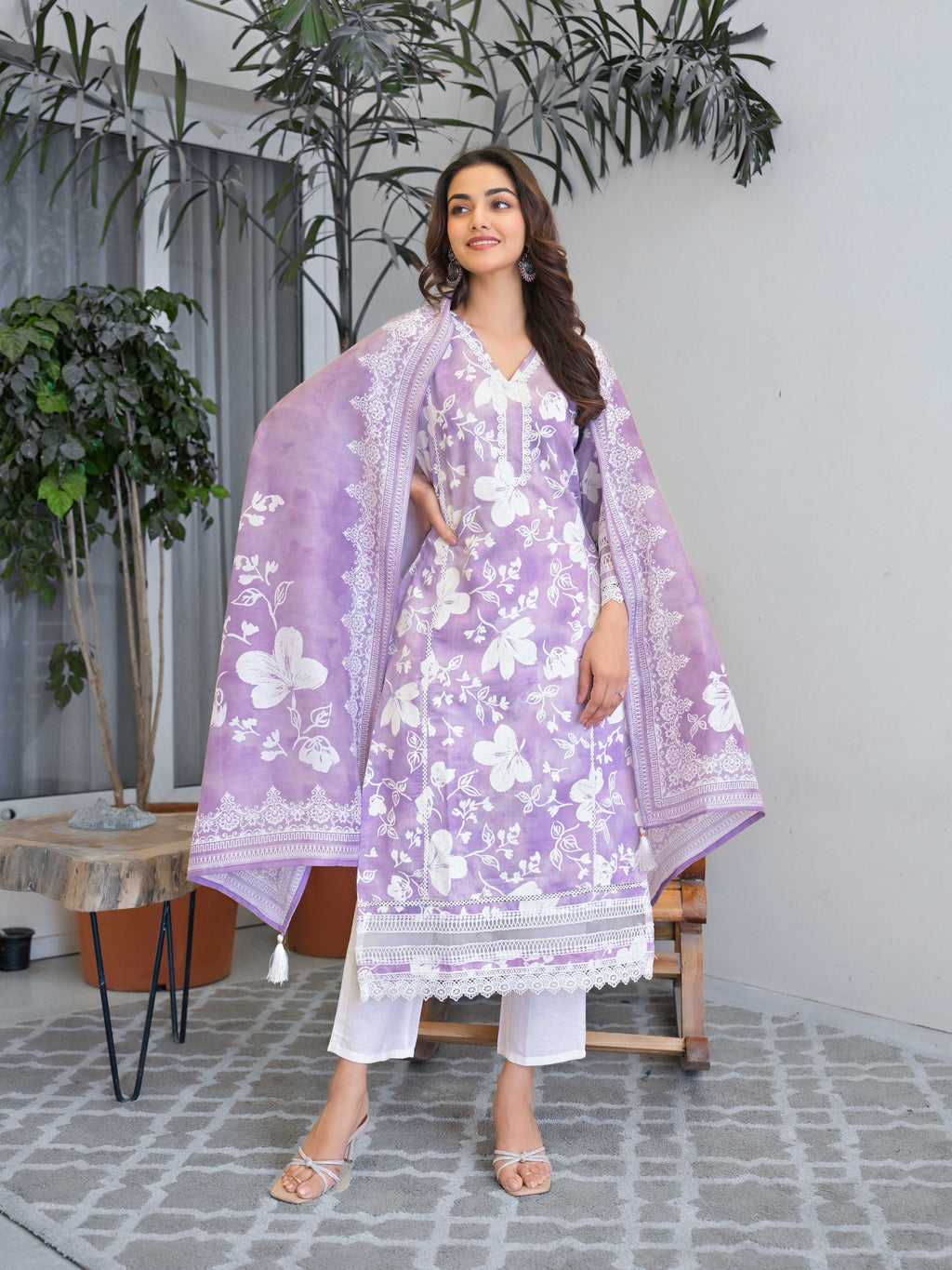 Purple Floral Printed Motifs Kurta Set for Women - TLS