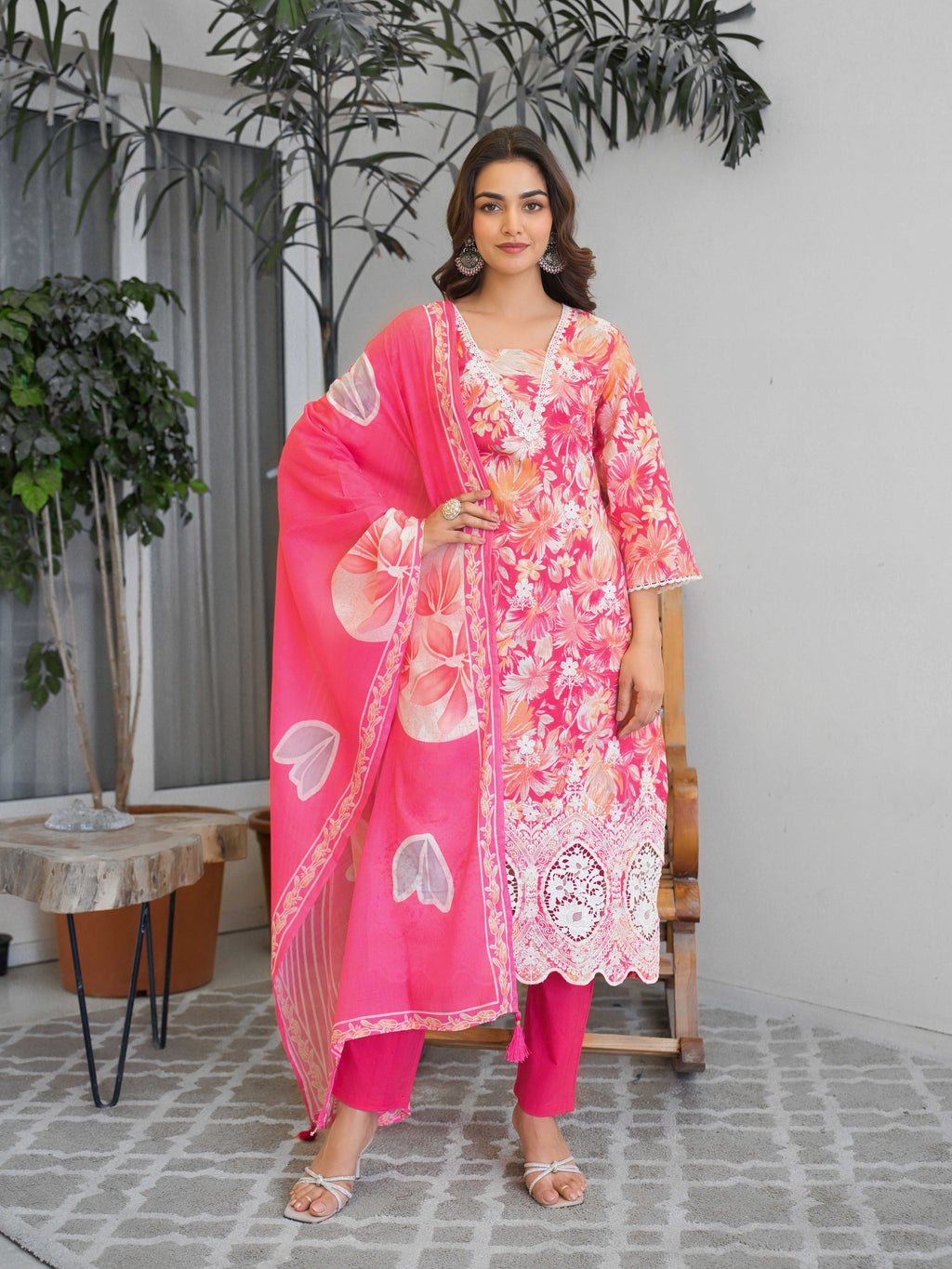 Bright Pink Floral Printed Motifs Kurta Set for Women - TLS