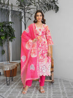 Bright Pink Floral Printed Motifs Kurta Set for Women - TLS