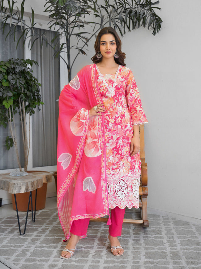 Bright Pink Floral Printed Motifs Kurta Set for Women - TLS Hover Image
