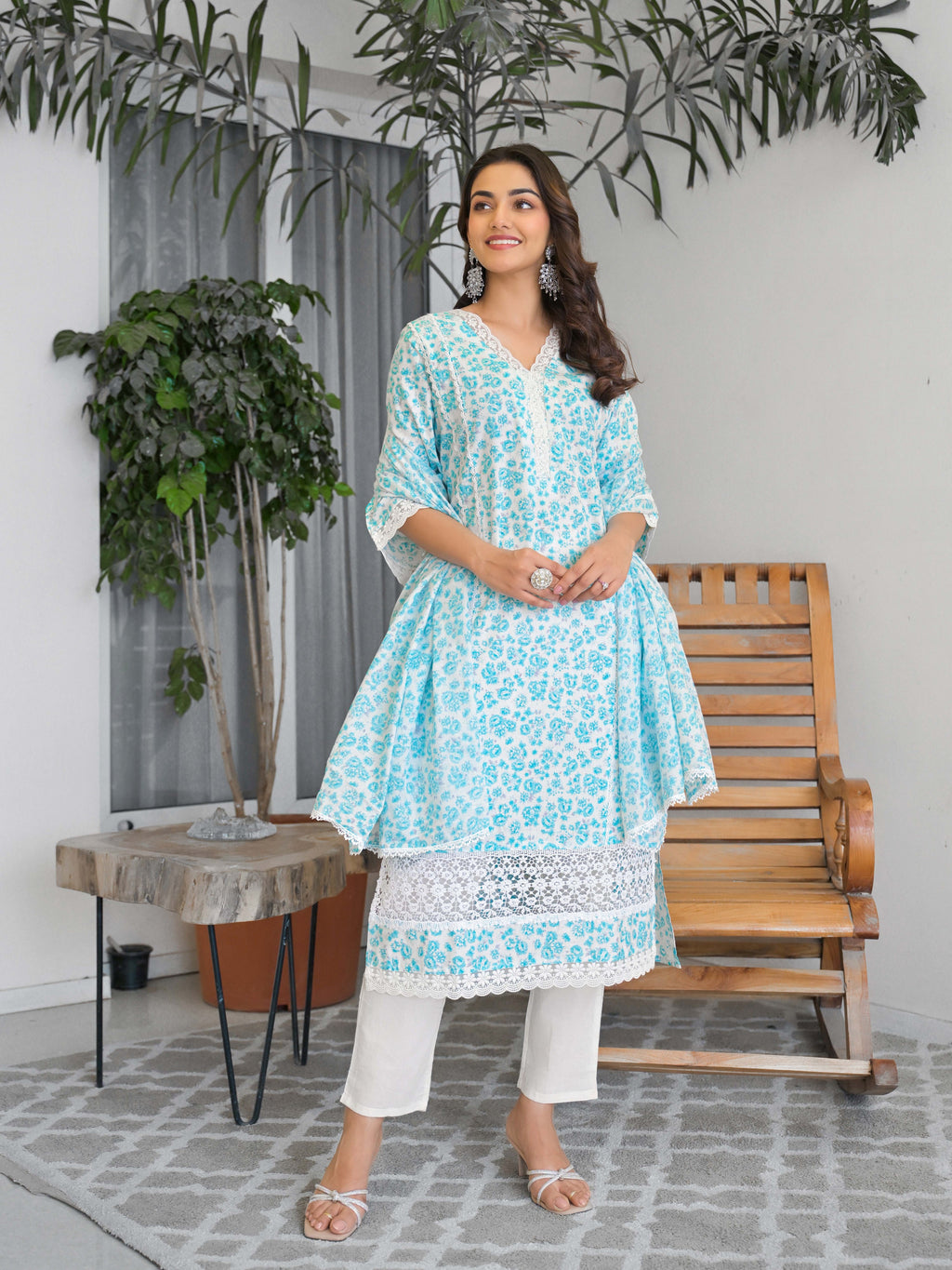 Light Blue Floral Printed Motifs Kurta Set for Women - TLS