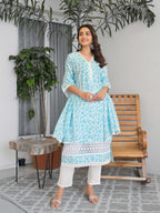 Light Blue Floral Printed Motifs Kurta Set for Women - TLS