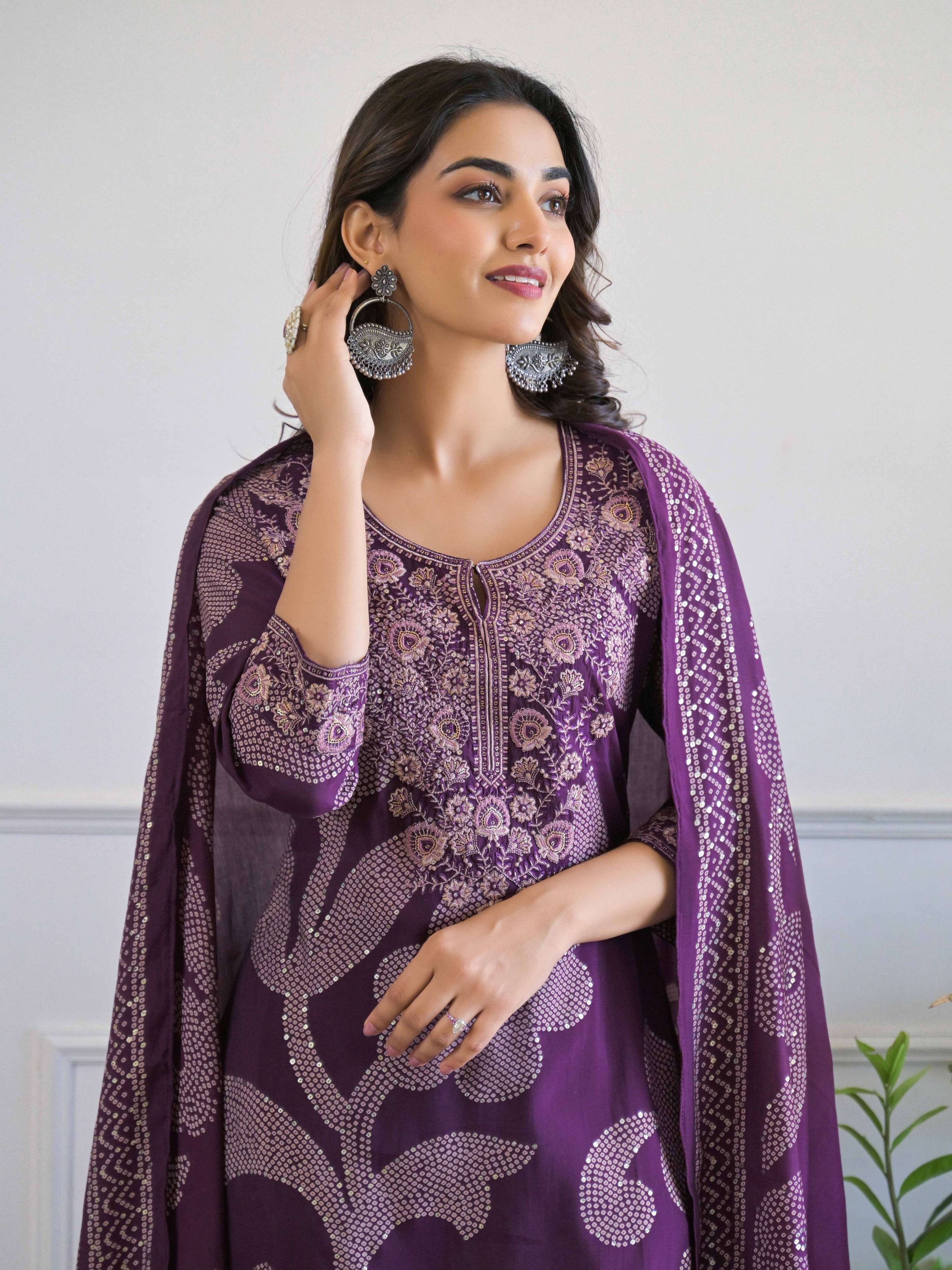 Purple Floral Thread Work Kurta Set for Women - TLS