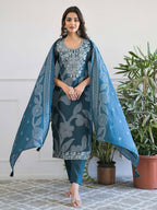 Teal  Floral Thread Work Kurta Set for Women - TLS